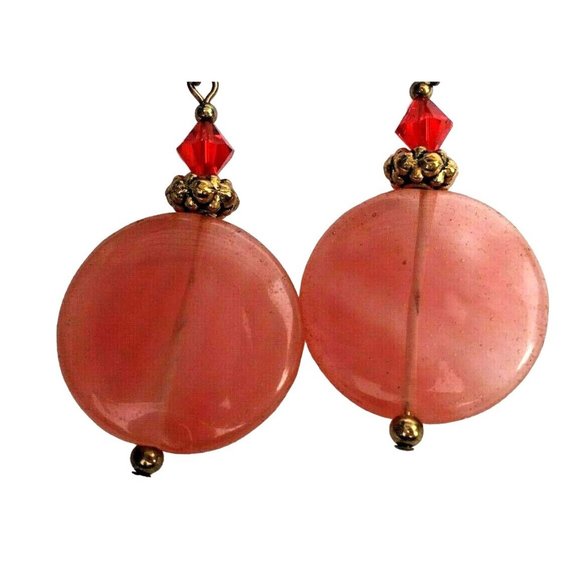 Cherry Quartz (Manmade) Disc and Red Crystal Dangle Earrings Gold Tone Hand Made - Picture 2 of 2